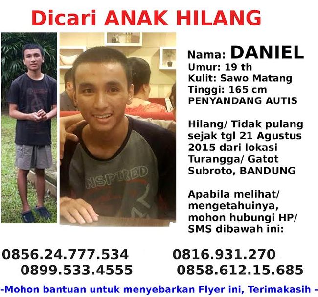 Tolong Bantu Cari, Daniel Penyandang Autis Ini Telah Hilang 2 Minggu