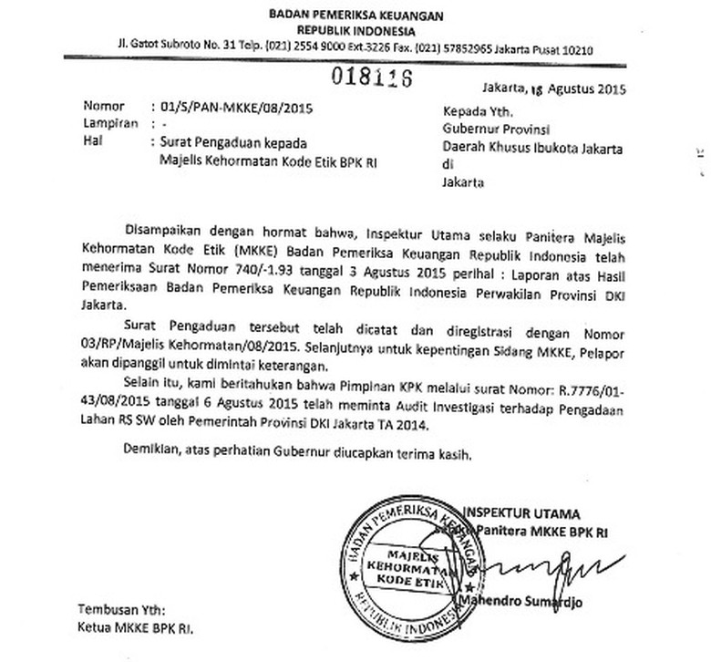 Begini Balasan Surat BPK yang Menyatakan Akan Minta 