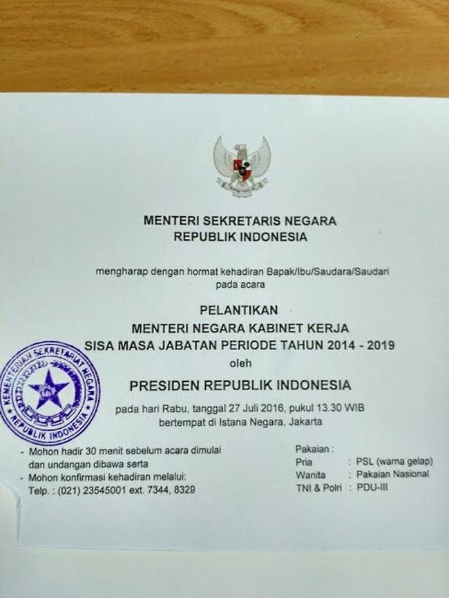 Ini Undangan Pelantikan Menteri Hasil Reshuffle Kabinet