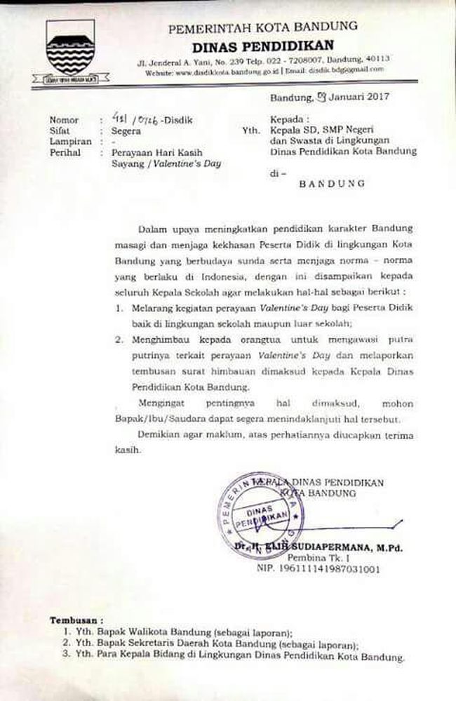 Disdik Bandung Kirim Surat Larangan Perayaan Valentine ke 