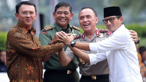 (kiri-kanan) Ahok, Pangdam Jaya Mayjen Jaswandi, Kapolda Metro Irjen M Iriawan, Sandiaga Uno