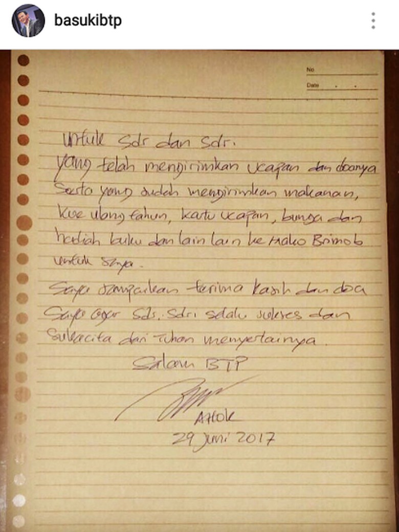 Lewat Surat di Hari Ultah, Ahok Ucapkan Terima Kasih ke Pendukung Lewat Surat di Hari Ultah, Ahok Ucapkan Terima Kasih ke Pendukung
